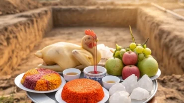 Mâm lễ cúng tươm tất cùng đá thạch anh chuẩn bị cho nghi thức đọc văn khấn đặt đá móng nhà