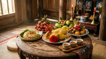Mâm lễ vật tươm tất và bài văn khấn đất đai được chuẩn bị trang nghiêm trước ban thờ Thổ Công tại gia đình Việt Nam