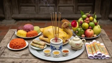 Mâm lễ vật tươm tất dâng lên Thổ Công Thổ Địa trước khi đọc bài văn khấn đất đai tại nhà
