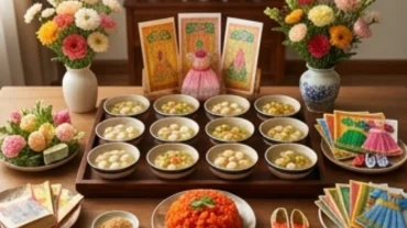 Bàn lễ tươm tất cho nghi thức đọc văn khấn đầy tháng bé gái với chè trôi nước và xôi gấc