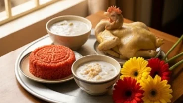 Mâm lễ vật trang trọng được chuẩn bị sẵn sàng trước khi đọc văn khấn đầy tháng bé trai