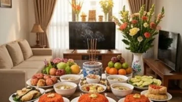 Mâm cúng đầy tháng trang trọng bày xôi chè và hoa tươi tại phòng khách nhà ngoại