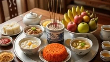 Mâm cúng đầy tháng và tờ văn khấn đầy tháng tại nhà nội được bày trí trang nghiêm