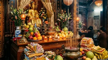 Khung cảnh bày trí mâm lễ trang nghiêm trước khi đọc văn khấn đền Bà Chúa Kho tại Bắc Ninh