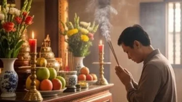 Người dân thành tâm chắp tay đọc văn khấn Đền Bà Chúa Kho trước ban thờ uy nghi với mâm lễ vật dâng cung kính