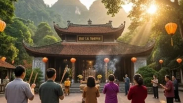 Toàn cảnh người hành hương dâng hương và đọc văn khấn đền Bắc Lệ trong không gian uy nghiêm tĩnh lặng