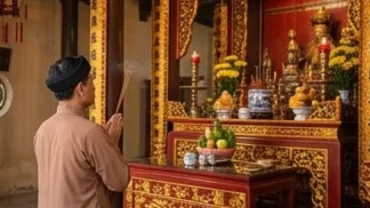 Người đi lễ chắp tay thành kính đọc văn khấn Đền Bảo Hà Ông Hoàng Bảy trước ban thờ uy nghi với mâm lễ tươm tất