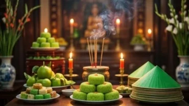 Người hành hương dâng mâm lễ vật và đọc văn khấn Đền Cô Bé Chí Mìu trang nghiêm