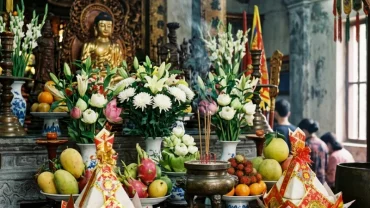 Mâm lễ chay dâng đền Cô Bơ Thanh Hóa với oản trắng và hoa quả thanh tịnh khi thực hành đọc văn khấn đền Cô Bơ