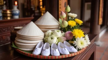 Mâm lễ mặn với nón hài trắng được sắp xếp trang trọng để dâng kèm bài văn khấn Đền Cô Bơ linh thiêng.