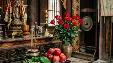 Mâm lễ vật trang nghiêm với hoa hồng đỏ và trầu cau để dâng cúng cùng bài văn khấn đền Cô Chín