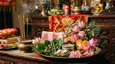 Mâm lễ vật màu hồng được xếp gọn gàng cùng bài văn khấn đền cô chín giếng tại không gian đền thờ linh thiêng ở Thanh Hóa