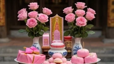 Mâm lễ vật màu hồng trang nghiêm cùng bài văn khấn Đền Cô Chín Giếng chuẩn mực mang đến sự bình an