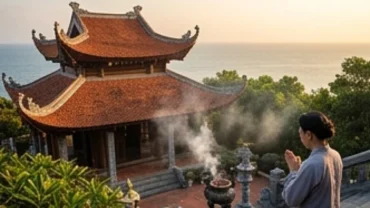 Người hành hương dâng hương và đọc văn khấn Đền Cửa Ông trong không gian cổ kính thanh tịnh