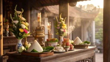 Mâm lễ truyền thống và bản văn khấn Đền Đồng Bằng được chuẩn bị trang nghiêm tại không gian linh thiêng