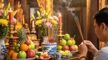 Mâm lễ vật và người hành hương đang chắp tay đọc văn khấn Đền Đông Cuông tại không gian chính điện