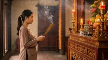 Người đi lễ dâng mâm cúng và đọc văn khấn Đền Ghềnh tại ban thờ mẫu trang nghiêm