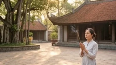 Người dân thành tâm dâng hương và đọc văn khấn Đền Giếng Đền Hùng tại khoảng sân gạch rợp bóng cây