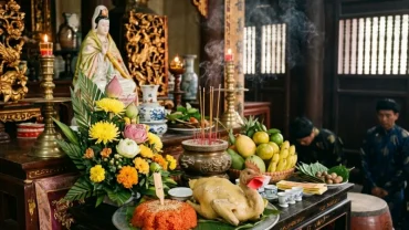 Mâm lễ vật mặn và chay được sắp xếp trang nghiêm cùng bản văn khấn đền Kiếp Bạc tại không gian linh thiêng