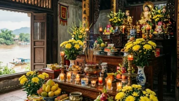 Mâm lễ vật dâng ban Công Đồng và bài văn khấn đền Lảnh Giang trang nghiêm bên dòng sông Hồng