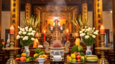 Mâm lễ vật tươm tất và không gian thành kính chuẩn bị dâng văn khấn Đền Lảnh Giang