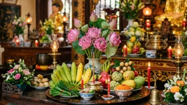Mâm lễ vật chay trang nghiêm và bài văn khấn đền mẫu được chuẩn bị chu đáo tại không gian tâm linh