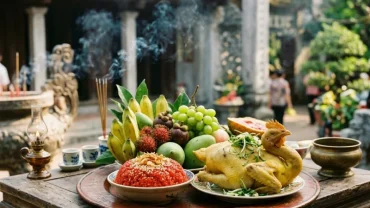 Mâm lễ vật tươm tất được dâng lên ban thờ để chuẩn bị đọc văn khấn đền mẫu sòng sơn