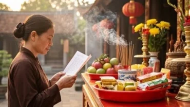 Tín chủ thành kính đọc bài văn khấn Đền Mẫu Sòng Sơn trước mâm lễ vật đỏ thắm dâng lên Thánh Mẫu Liễu Hạnh