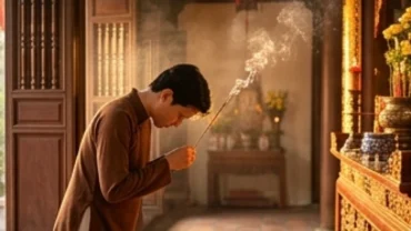 Người đi lễ chắp tay thành kính dâng nhang và đọc văn khấn Đền Ngọc Sơn trước ban thờ uy nghiêm