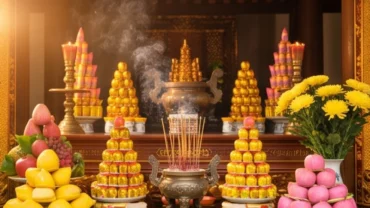 Mâm lễ vật tươm tất dâng tại Đền Ông Hoàng Mười với sắc vàng và hồng đặc trưng