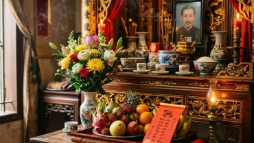 Mâm lễ vật tươm tất dâng lên ban thờ cùng sớ văn khấn đền phủ trong không gian tâm linh truyền thống