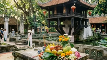 Mâm lễ vật thanh tịnh và người hành lễ đang nhẩm đọc văn khấn đền Quán Thánh tại chính điện tôn nghiêm