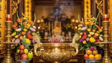 Mâm lễ vật và không gian dâng hương trang nghiêm chuẩn bị cho bài văn khấn Đền Tam Kỳ Hải Phòng