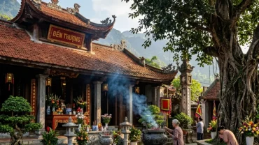 Mâm lễ vật chay mặn và bản văn khấn đền thượng lào cai đặt trang nghiêm trước ban thờ chính