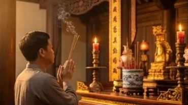 Người hành lễ đọc bài văn khấn Đền Trần Nam Định trước ban thờ uy nghi tại đền Thiên Trường