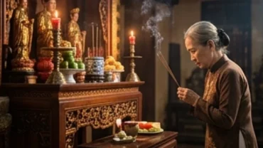 Người hành hương thành kính chắp tay dâng mâm lễ vật và đọc văn khấn Đền Tranh trong không gian linh thiêng