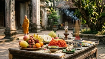 Mâm lễ vật truyền thống chuẩn bị dâng kèm văn khấn đền và tại không gian thờ linh thiêng