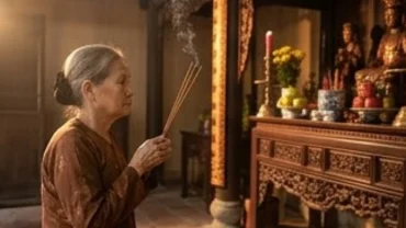 Người đi lễ thành tâm chắp tay đọc bài văn khấn Đền Và trước ban điện chính trang nghiêm