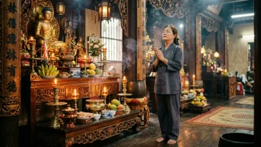 Hình ảnh người phụ nữ mặc áo lam thành tâm thắp nhang và đọc văn khấn đi chùa trước chánh điện thanh tịnh