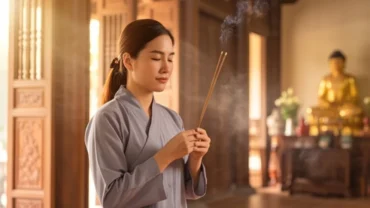 Người phụ nữ mặc áo lam thành kính chắp tay đọc văn khấn đi chùa trước điện Tam Bảo