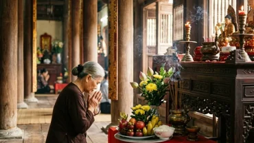 Mâm lễ chay thanh tịnh dâng lên ban Tam Bảo giúp gia tăng sự thành kính khi đọc văn khấn đi chùa cầu bình an