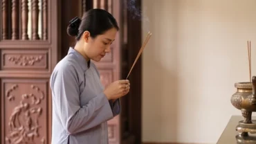 Mâm lễ chay và người đi chùa đọc văn khấn đi chùa cầu bình an thành tâm cầu nguyện tại chánh điện