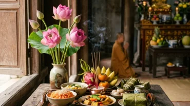 Người phụ nữ chuẩn bị mâm lễ chay và đọc văn khấn đi chùa đầu năm tại không gian thanh tịnh