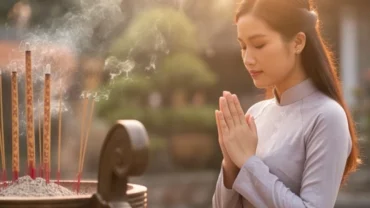 Người phụ nữ mặc áo dài thành tâm chắp tay đọc bài văn khấn đi chùa đầu năm giữa chánh điện thanh tịnh