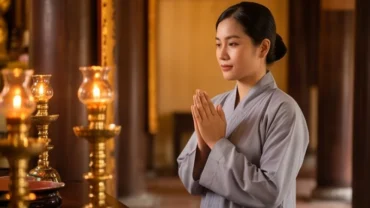 Người phụ nữ mặc áo tràng lam chắp tay thành kính đọc văn khấn đi chùa mùng 1 trước ban Tam Bảo