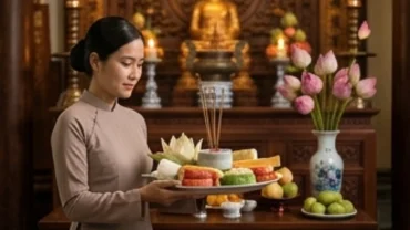 Người phụ nữ mặc áo dài truyền thống dâng mâm lễ chay và đọc văn khấn đi chùa ngày rằm tại chánh điện