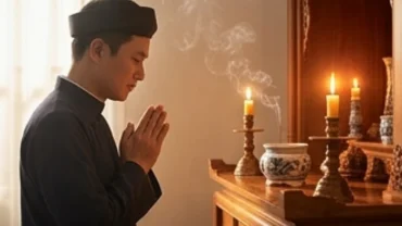 Người đàn ông chủ gia đình thành tâm chắp tay đọc văn khấn di chuyển bát hương trước bàn thờ gia tiên linh thiêng