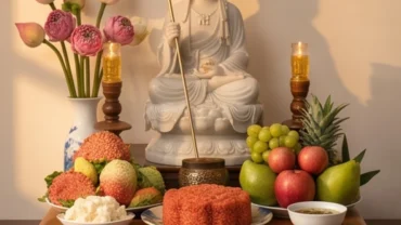 Mâm lễ chay thanh tịnh được bày biện trang nghiêm để chuẩn bị đọc văn khấn Địa Tạng cầu siêu.