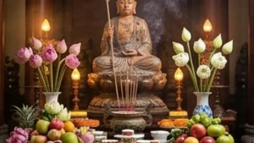 Mâm lễ chay thanh tịnh và người bái lễ dâng văn khấn Địa Tạng tại chùa trang nghiêm