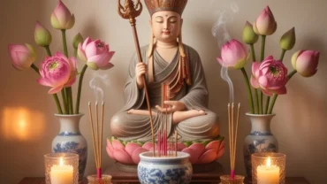 Không gian trang nghiêm để dâng lời văn khấn Địa Tạng tại nhà với mâm lễ chay thanh tịnh và hương đăng